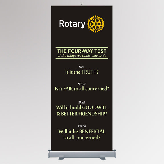 Rotary International pull-up banner with the Four-Way Test on a black background