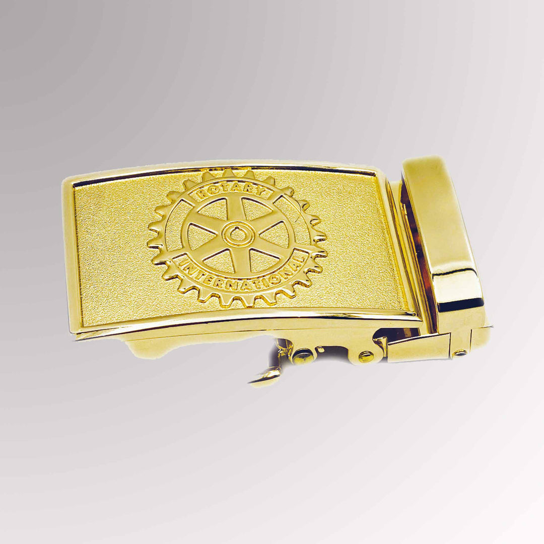 A gold-plated Belt Buckle made from zinc alloy featuring Rotary International's Mark of Excellence logo.