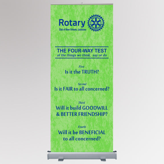 rotary international's custom 4 way test retractable banner with green background