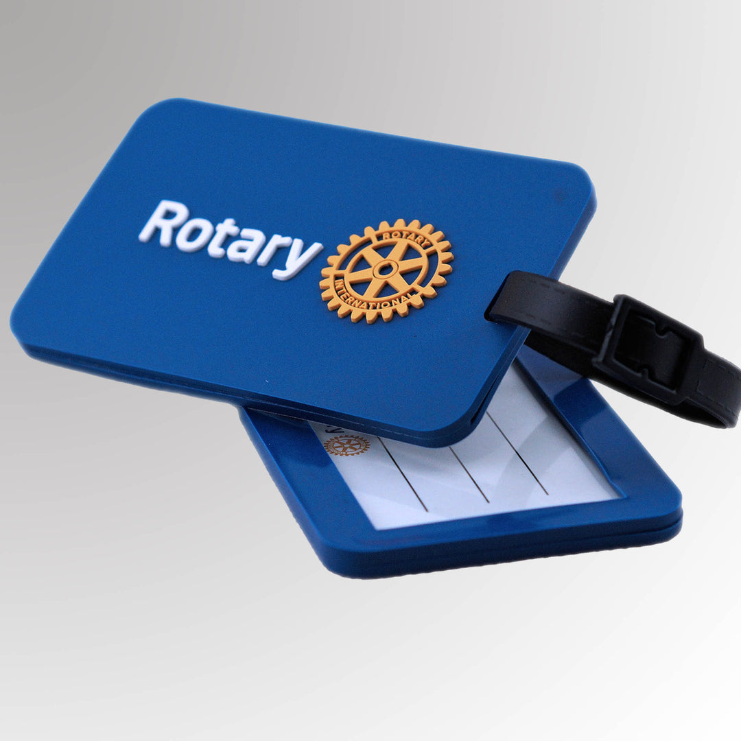 A durable Rotary Luggage Tag featuring Rotary International's Master Brand logo with a secure strap.