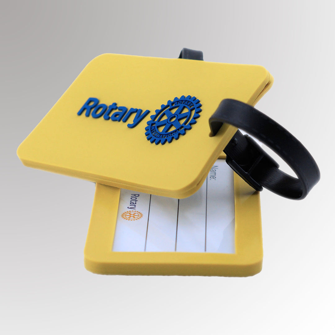 A durable Rotary Luggage Tag featuring Rotary International's Master Brand logo with a secure strap.