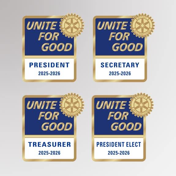 High quality lapel pin for club officers featuring rotary international mark of excellence logo and 2025-2026 presidential message - Unite for Good. Made of high quality zinc alloy.