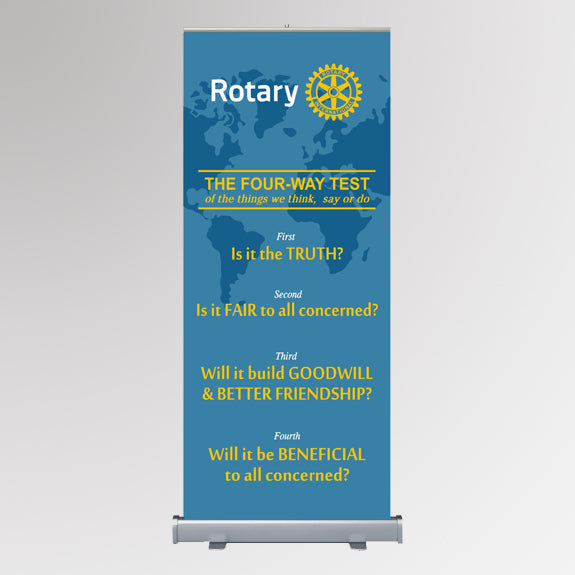 Rotary International banner with world map and Four-Way Test text on a gray background
