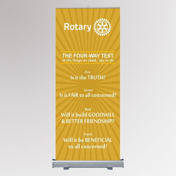 Rotary International pull-up banner with the Four-Way Test on a yellow background