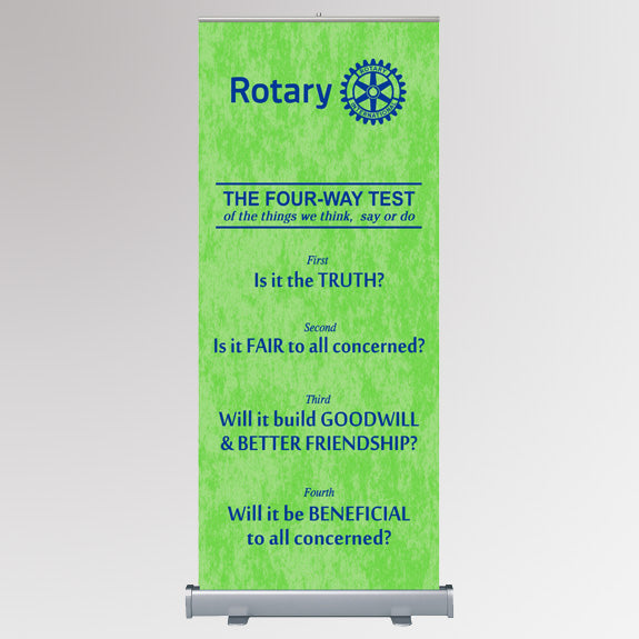 A retractable banner displaying the Rotary 4-Way Test, ideal for professional and ethical presentations at Rotary events.