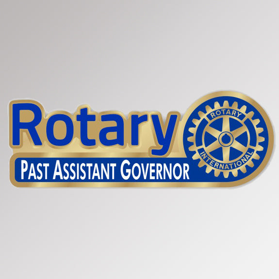 A gold-plated District Past Assistant Governor Pin featuring Rotary International's Master Brand logo.