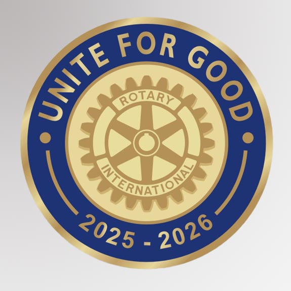 Presidential message pin featuring rotary international mark of excellence logo with the wordings unite for good.