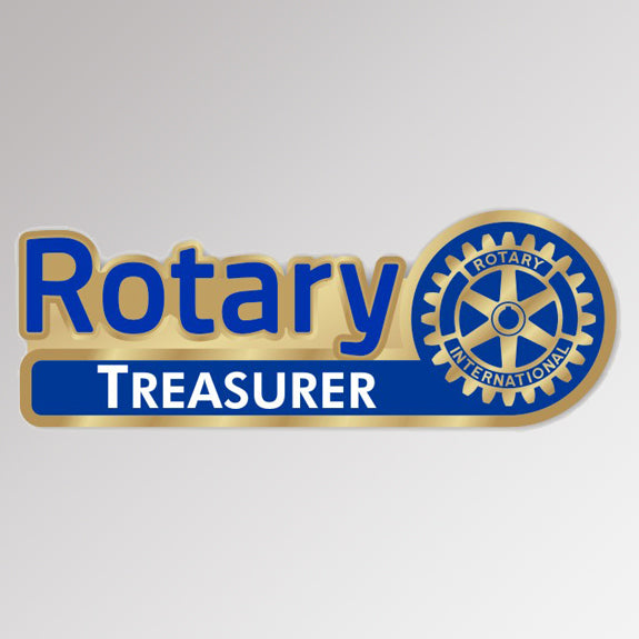 A gold-plated Treasurer Pin made from zinc alloy featuring Rotary International's Master Brand logo.