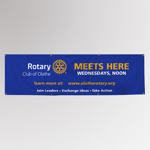 Custom 3ft x 8ft Rotary vinyl banner with blue background displaying the Rotary Masterbrand logo, club name, meeting time, website, and Rotary tagline: “Join Leaders • Exchange Ideas • Take Action.”