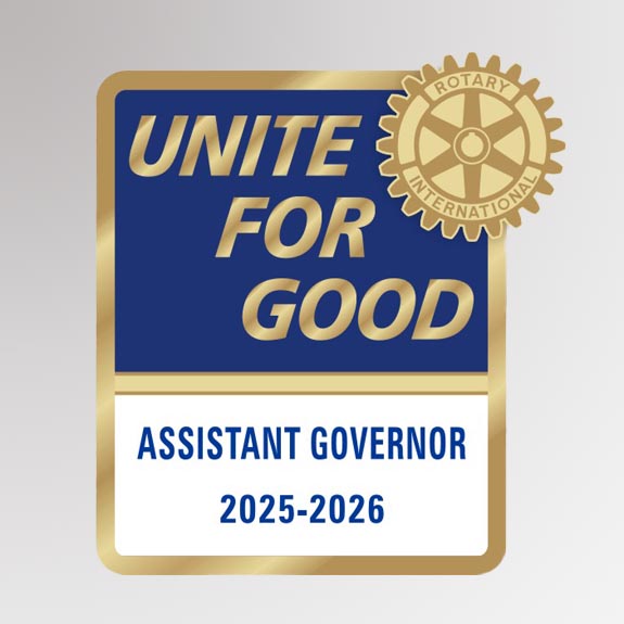 High quality lapel pin for assistant governor featuring rotary international mark of excellence logo and 2025-2026 presidential message - Unite for Good. Made of high quality zinc alloy.