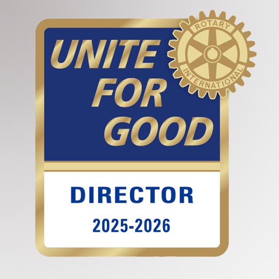 High quality lapel pin for club director featuring rotary international mark of excellence logo and 2025-2026 presidential message - Unite for Good. Made of high quality zinc alloy/iron.