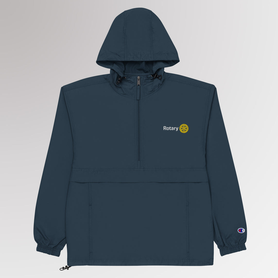 Back view of the Champion packable jacket with hood up, showing the overall structure and fit.