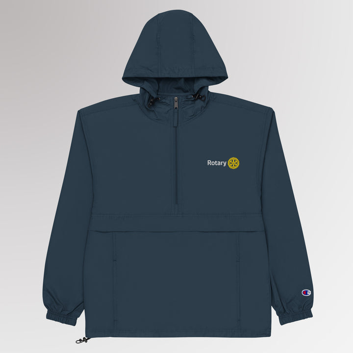 Back view of the Champion packable jacket with hood up, showing the overall structure and fit.
