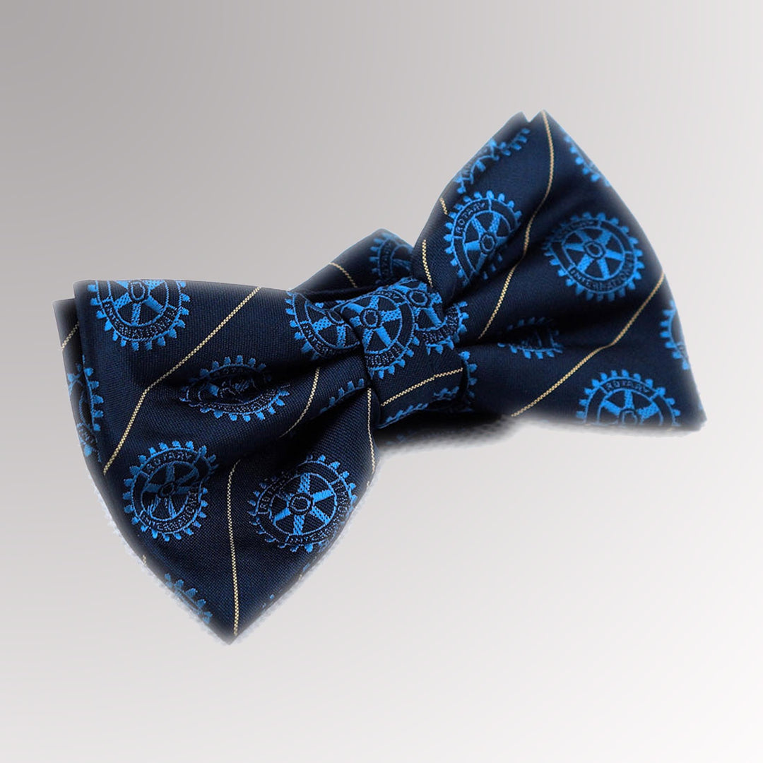 A pre-tied blue bow tie made from woven fabric, perfect for Rotary members.