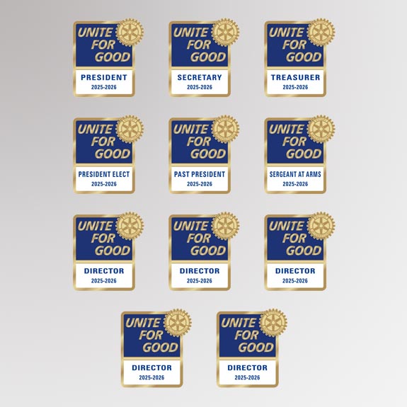 High quality lapel pin for club officers featuring rotary international mark of excellence logo and 2025-2026 presidential message - Unite for Good. Made of high quality zinc alloy.