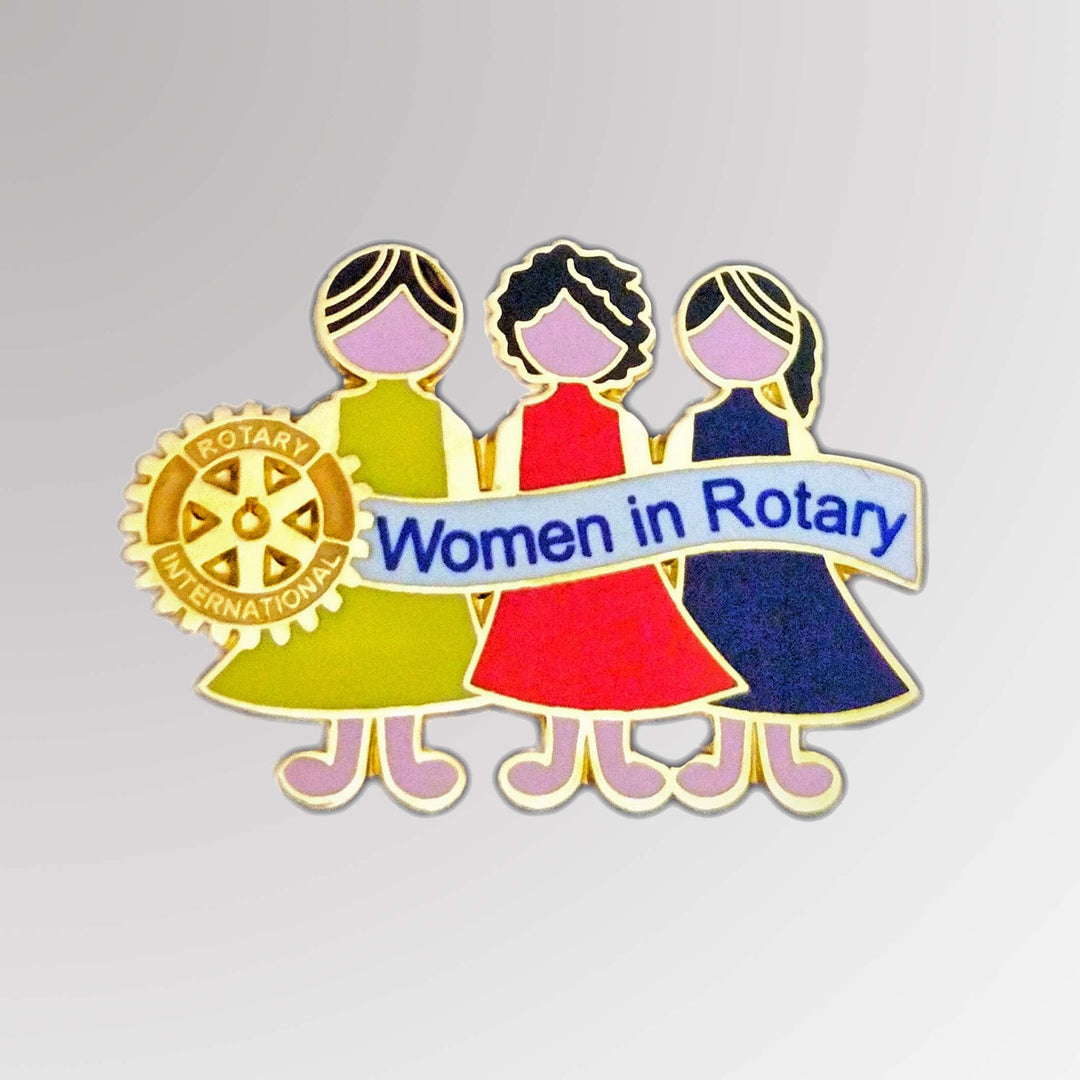 A gold-plated pin celebrating women in Rotary, featuring the Mark of Excellence and available with a magnet attachment.