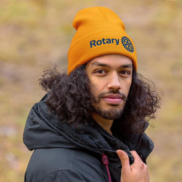 Man-wearing-Master-brand-gold-color-embroidered-beanie-rotary-international-high-quality-awards-california