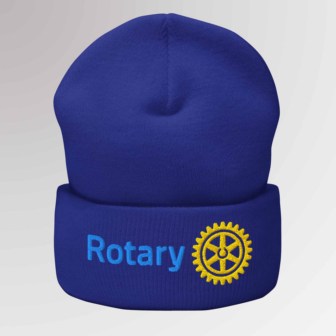 Front view of a high-quality blue cuffed beanie featuring the embroidered Rotary International Master Brand logo, perfect for style and warmth.