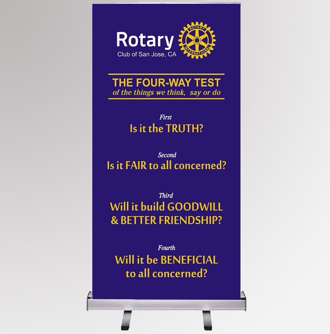 A customizable retractable banner displaying the Rotary 4-Way Test and Rotary International's master brand logo