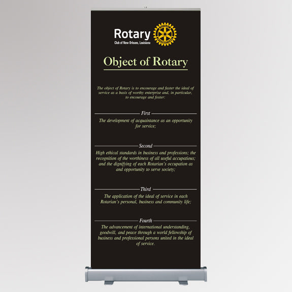 A customizable retractable banner featuring Rotary International’s Master Brand logo and the Object of Rotary text with black background
