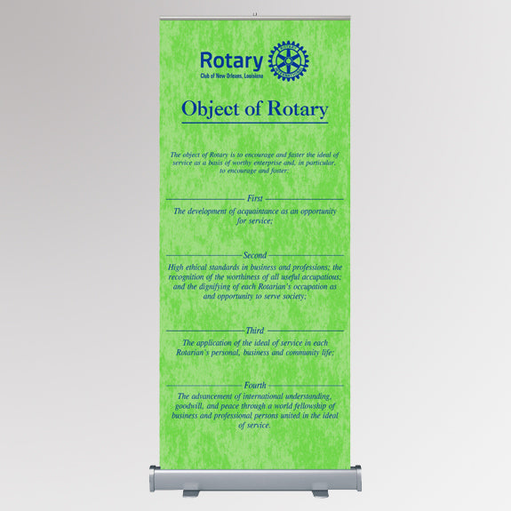 A customizable retractable banner featuring Rotary International’s Master Brand logo and the Object of Rotary text with green background