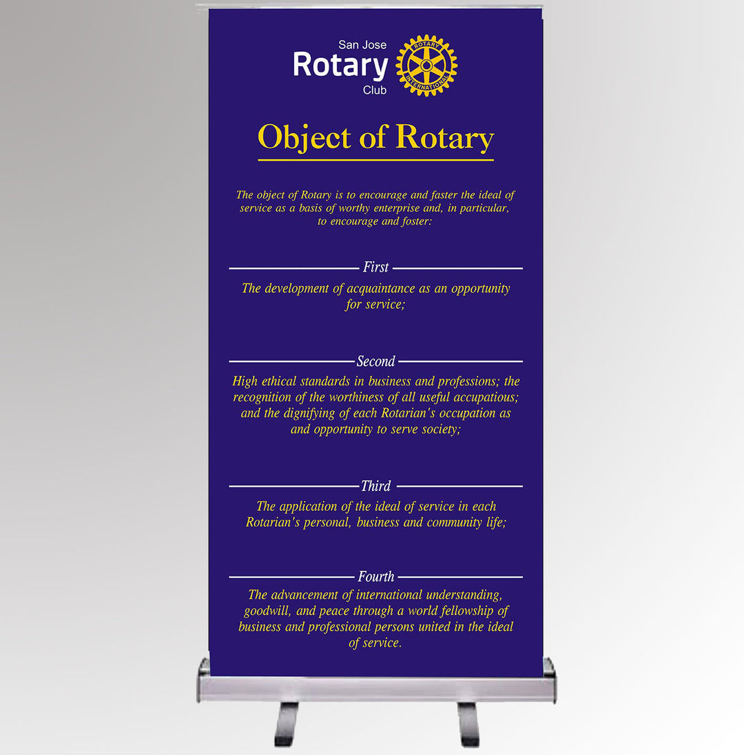 A customizable retractable banner featuring Rotary International’s Master Brand logo and the Object of Rotary text.