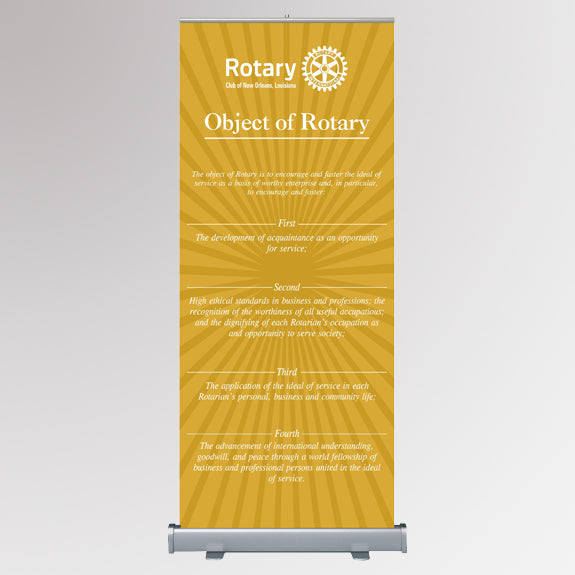 A customizable retractable banner featuring Rotary International’s Master Brand logo and the Object of Rotary text with yellow background