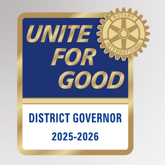 High quality lapel pin for district governor featuring rotary international mark of excellence logo and 2025-2026 presidential message - Unite for Good. Made of high quality zinc alloy.