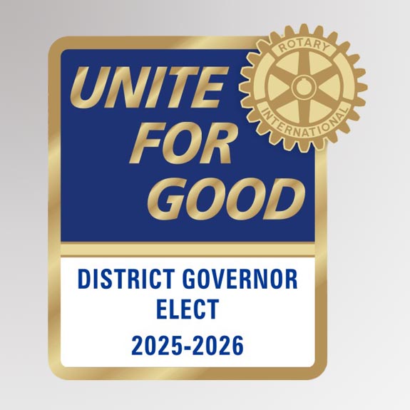 High quality lapel pin for district governor elect featuring rotary international mark of excellence logo and 2025-2026 presidential message - Unite for Good. Made of high quality zinc alloy.