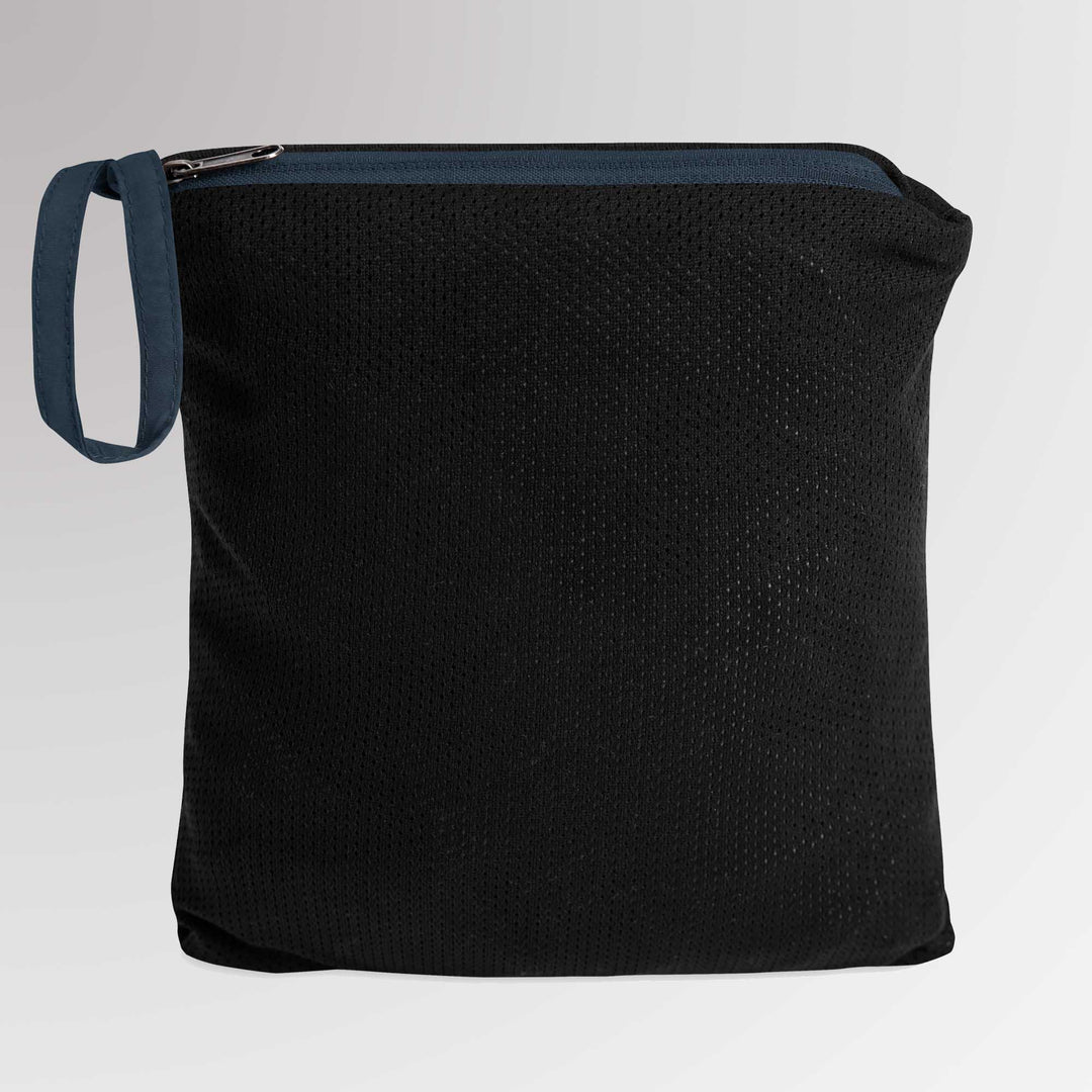 Black zippered pouch containing the folded Champion jacket, demonstrating the packable feature for easy storage.