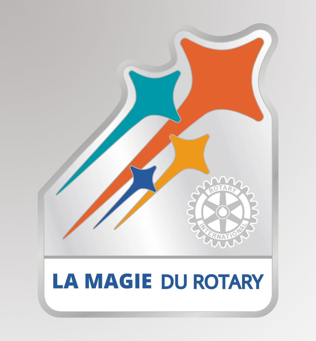 A silver finish zinc alloy pin featuring the French theme for 2024-2025 with Rotary's Mark of Excellence.