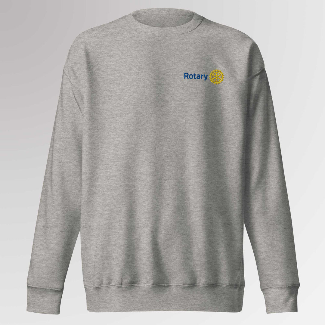 Front view of grey colored high-quality unisex premium sweatshirt with Rotary International Master Brand logo embroidered by Awards California