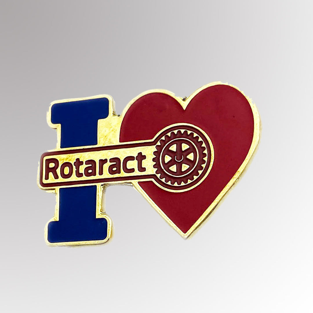 A vibrant enamel pin with the words "I Love Rotaracr," featuring a secure butterfly clasp, perfect for displaying pride in the Rotaract community.