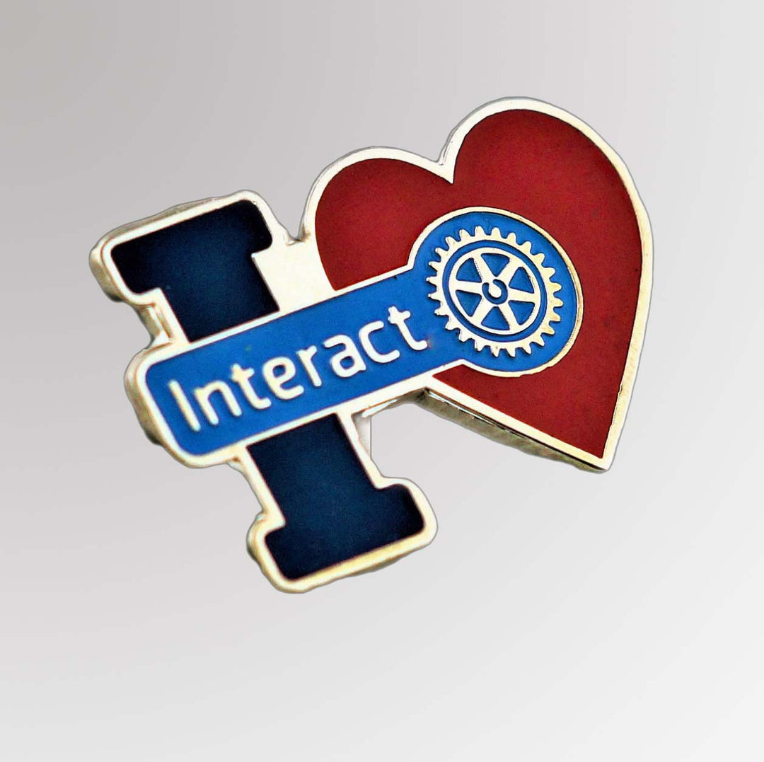 A vibrant enamel pin with the words "I Love Interact," featuring a secure butterfly clasp, perfect for displaying pride in the Interact community.