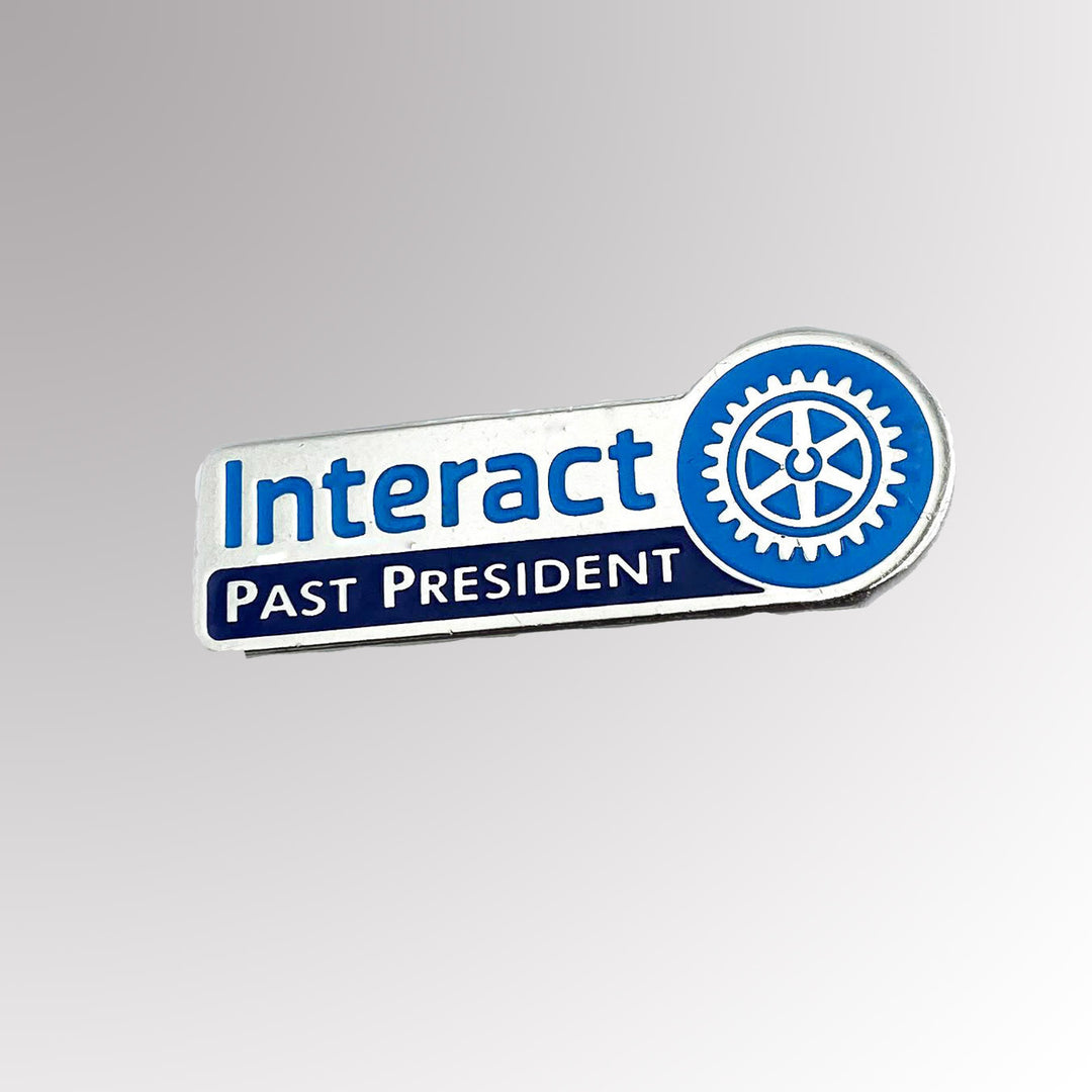 A stainless steel Interact Past President Pin featuring the New Interact logo with a silver finish.