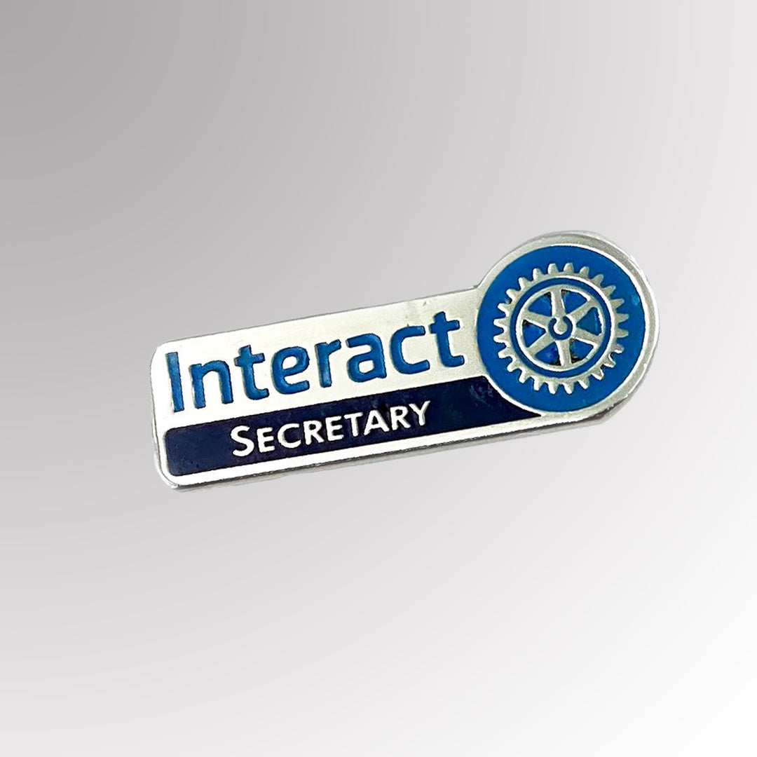 A stainless steel Interact Secretary Pin featuring the New Interact logo with a silver finish.