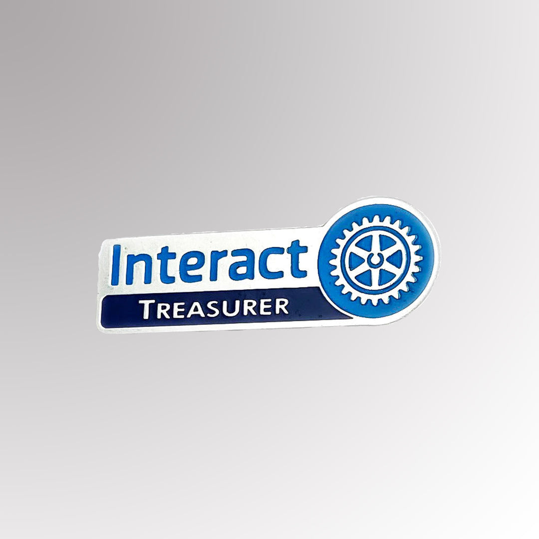 A stainless steel Interact Treasurer Pin featuring the New Interact logo with a silver finish.