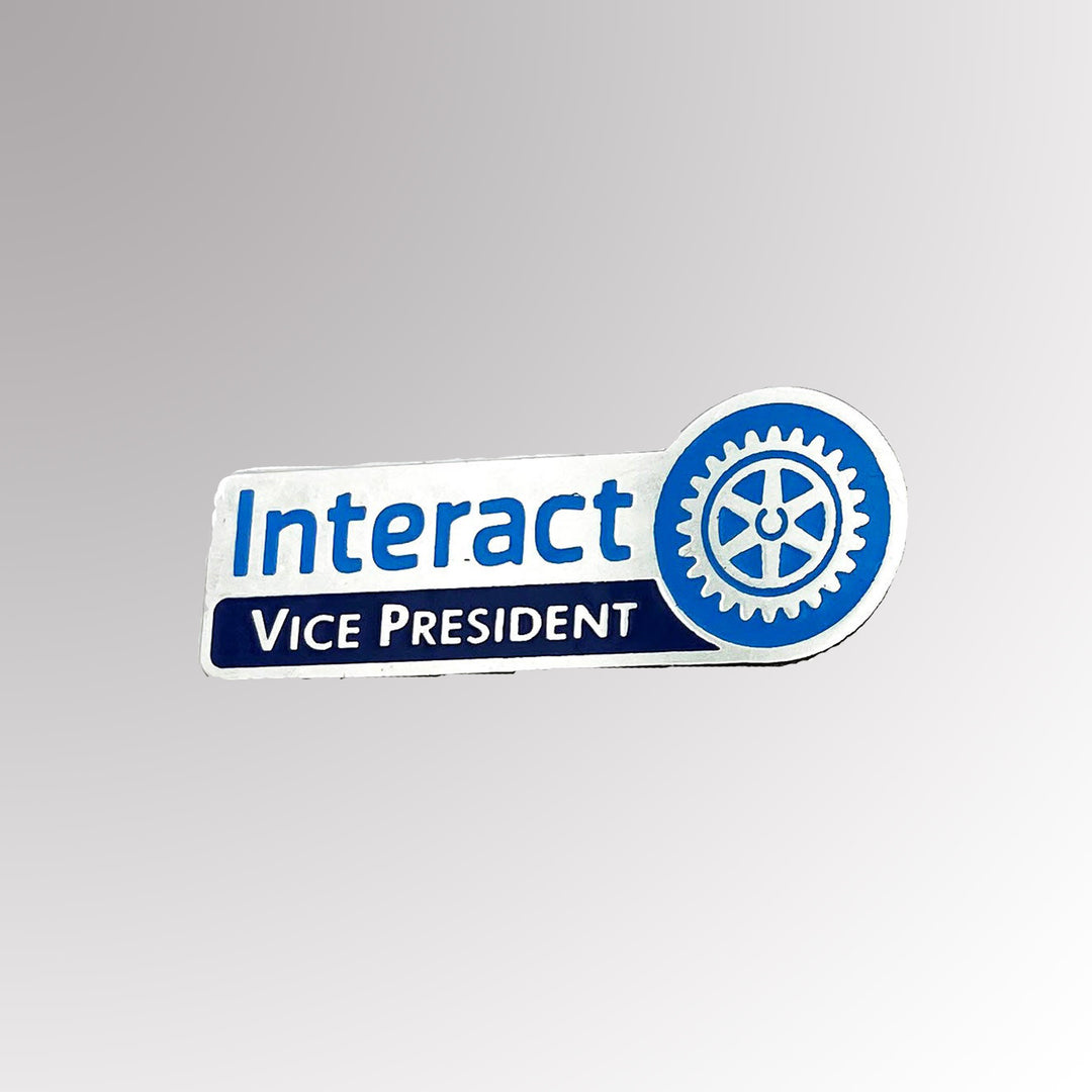 A stainless steel Interact Vice President Pin featuring the New Interact logo with a silver finish.