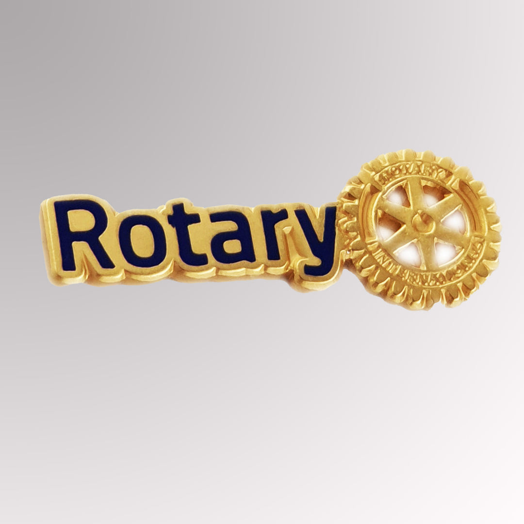 A matte gold-plated Master Brand Member Pin featuring Rotary International's logo, available in two sizes with an optional magnetic attachment.