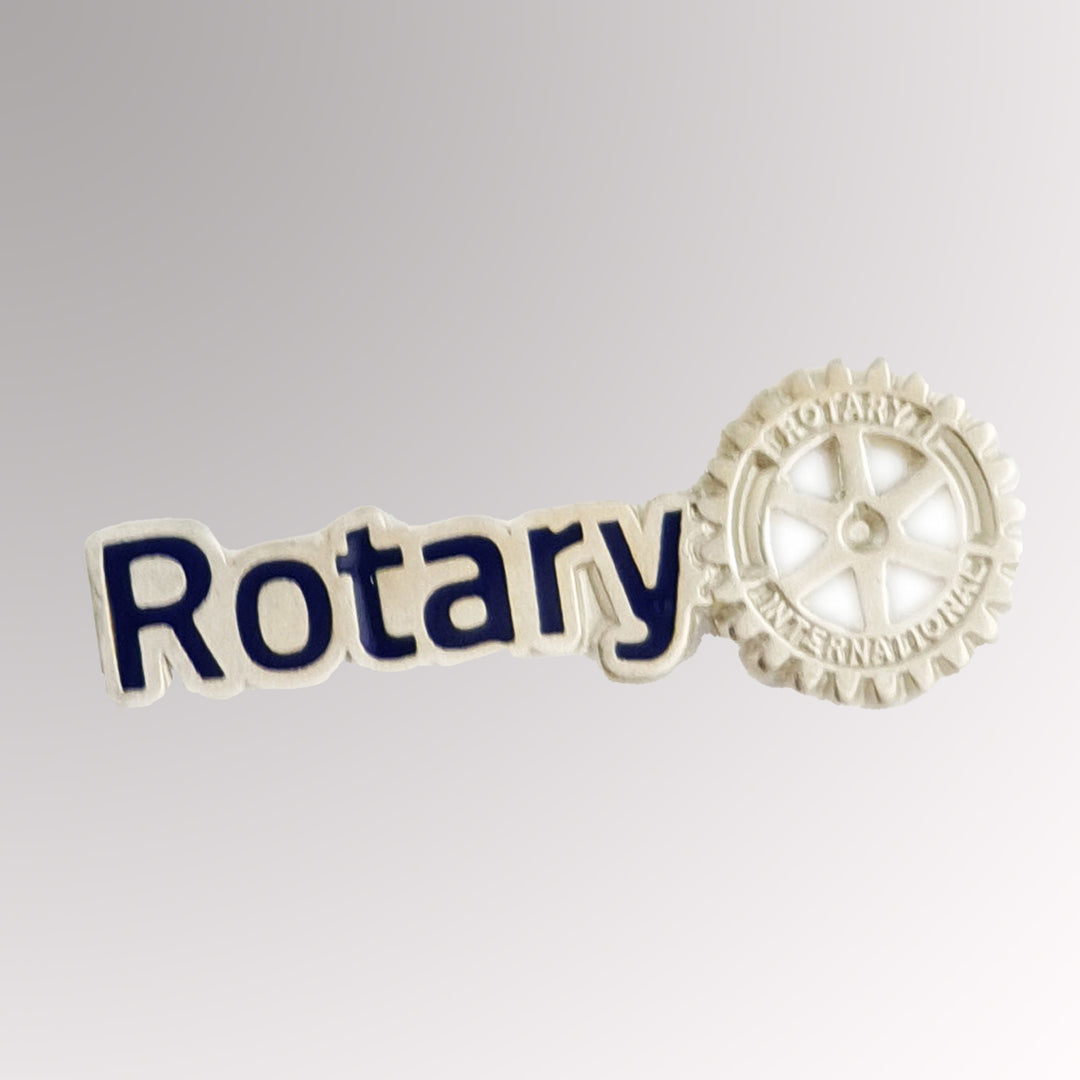 A matte silver-plated Master Brand Member Pin featuring Rotary International's logo, available in two sizes with an optional magnetic attachment.