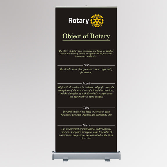 Roll-up banner with Rotary International logo and object of rotary text on a black
 background