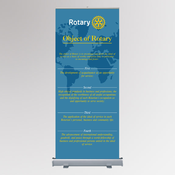 Retractable banner with Rotary International logo and object of rotary text text on a blue background