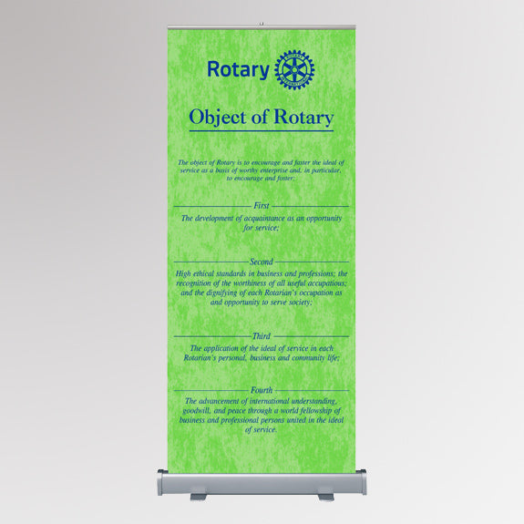 Green retractable banner with Rotary International logo and object of rotary text on a white background