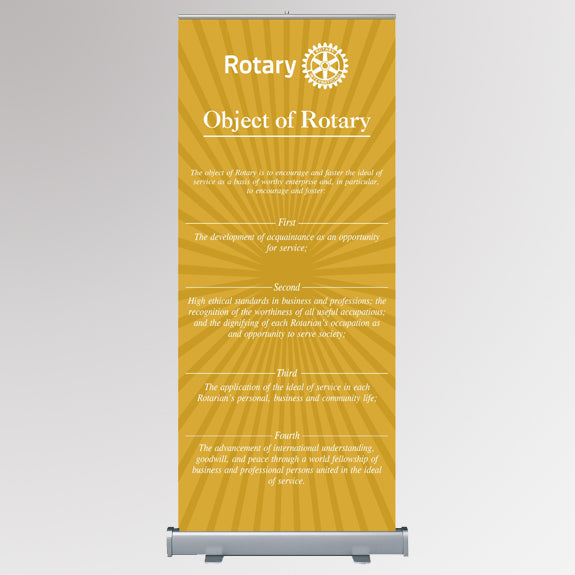 Retractable banner with Rotary International logo and object of rotary text on yellow background