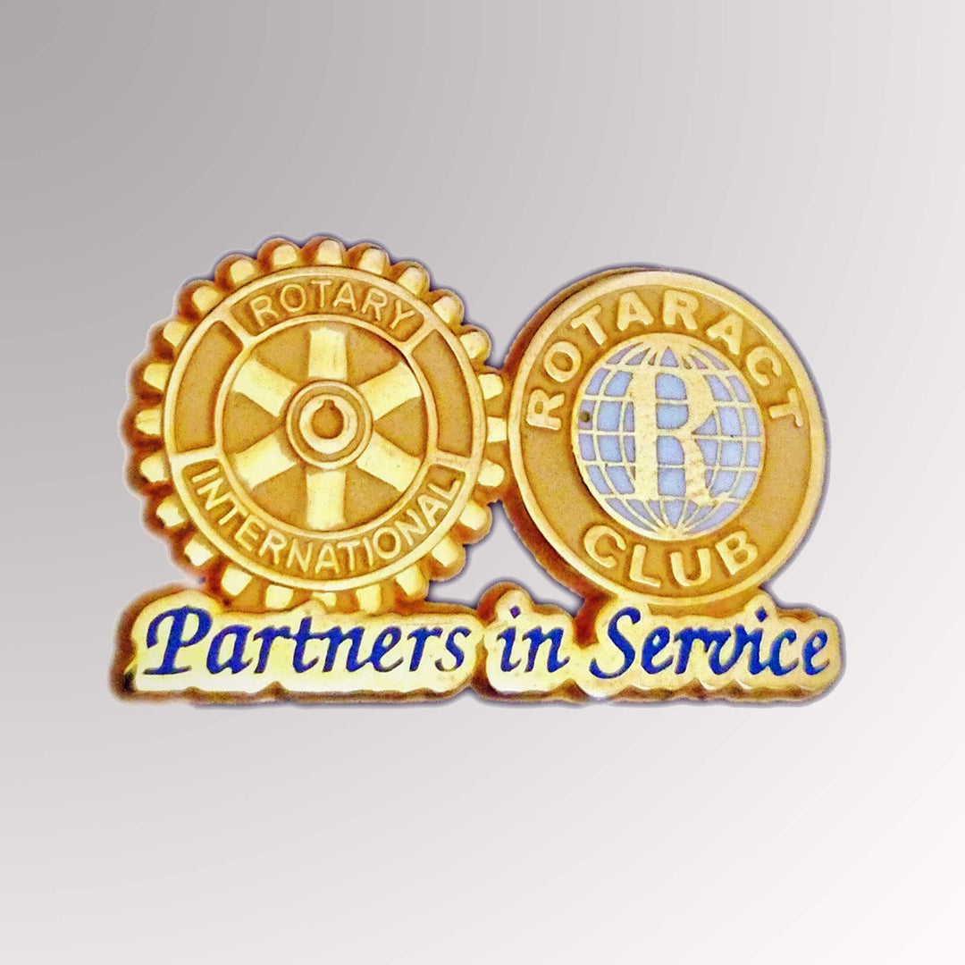 A gold-plated Partners in Service Pin made from zinc alloy featuring Rotary International's Mark of Excellence logo.