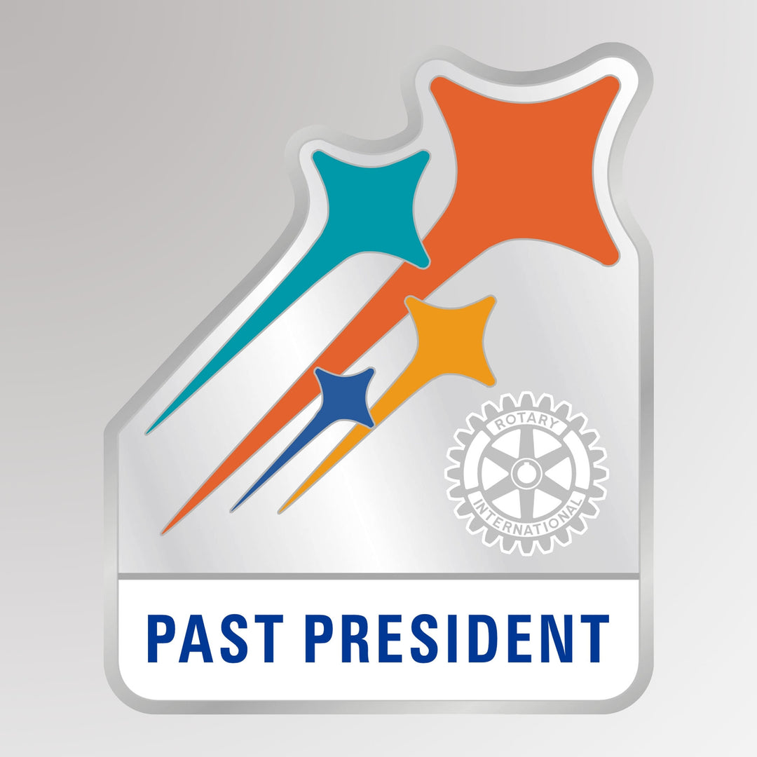 A silver finish zinc alloy pin featuring the Rotary Mark of Excellence and "Past President" designation, available with a magnet attachment.