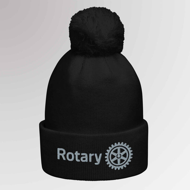 Front view of a high-quality black beanie featuring the embroidered Rotary International Master Brand logo, perfect for warmth and style