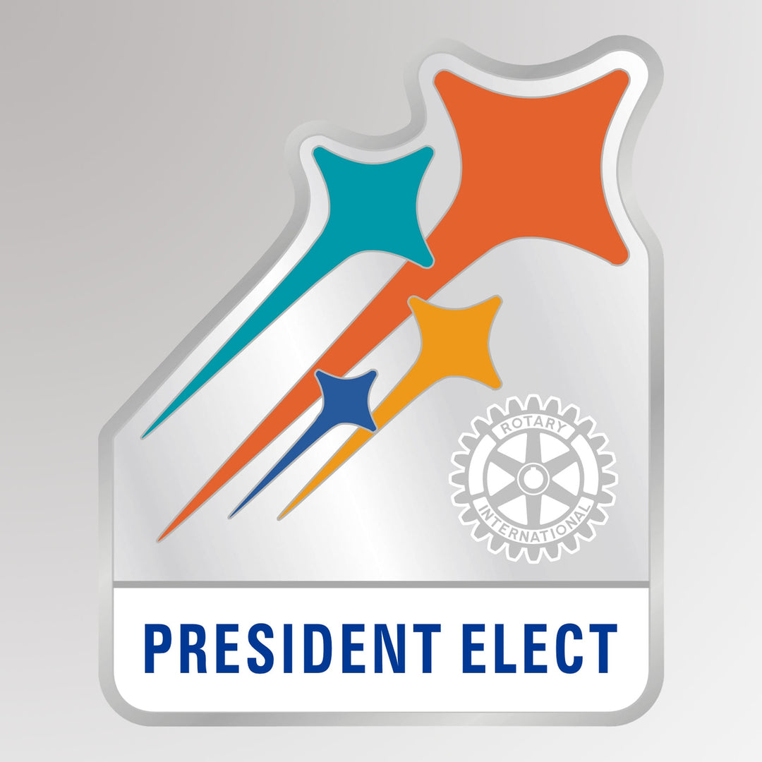 A silver finish zinc alloy pin featuring the Rotary Mark of Excellence and "President-Elect" designation.