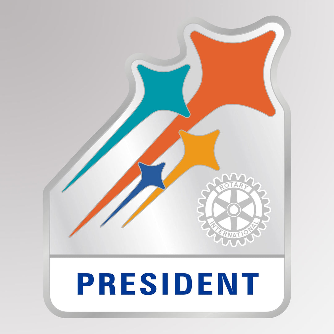 A silver-plated zinc alloy pin featuring the Rotary Mark of Excellence and "President" designation, available with a magnet attachment.