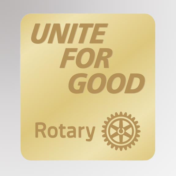 Presidential message pin featuring rotary international mark of excellence logo with the wordings unite for good.